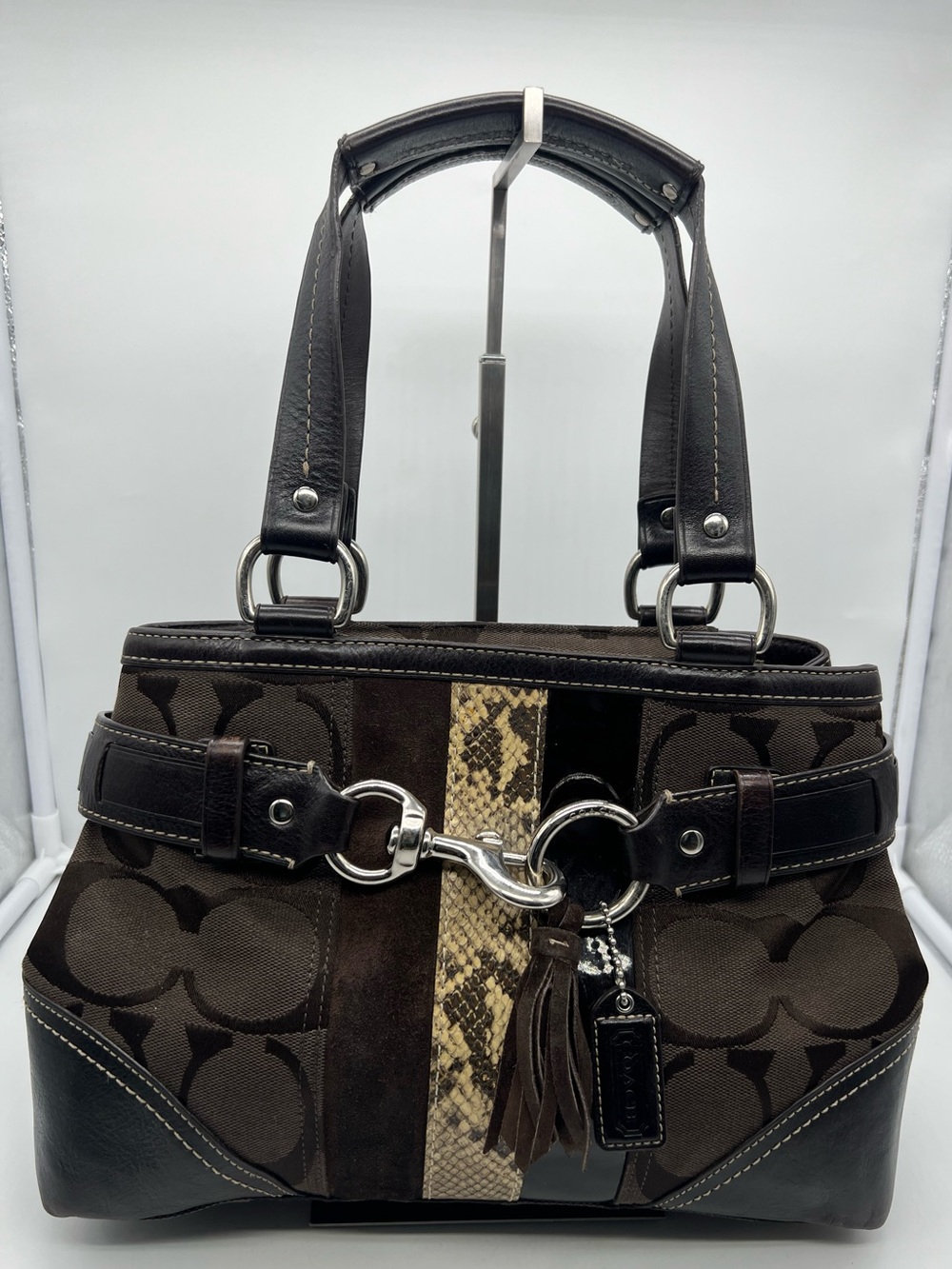 COACH 10262 VTG Hamptons Clip Signature Jacquard Brown Leather Suede Python Tote